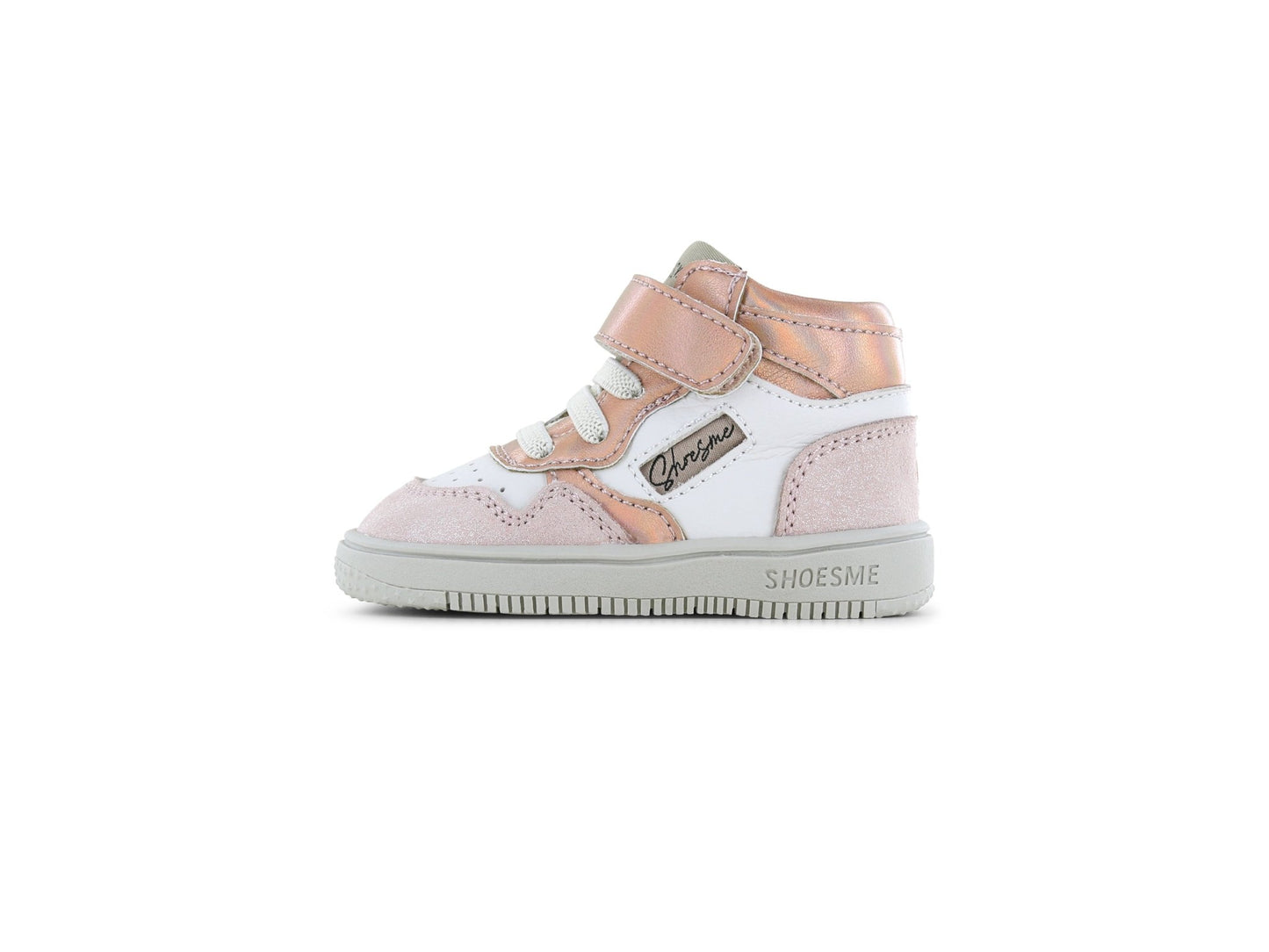 Pink and white high-top sneaker with visible brand logo on a white background