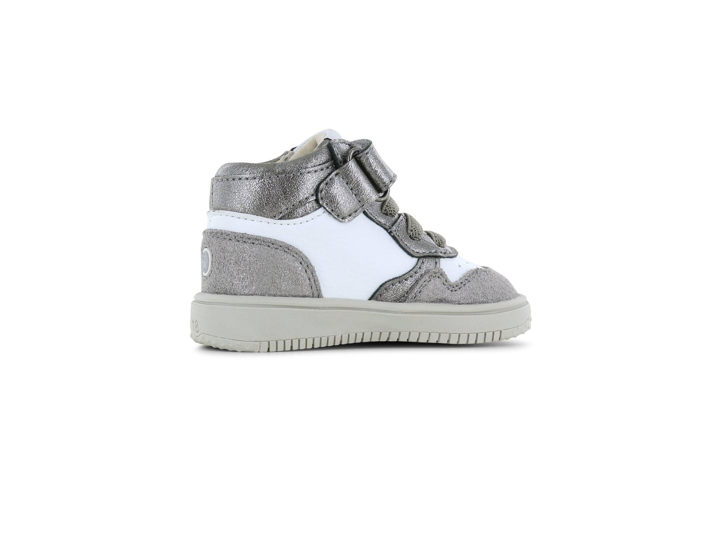Silver high-top sneaker with white sole on a white background