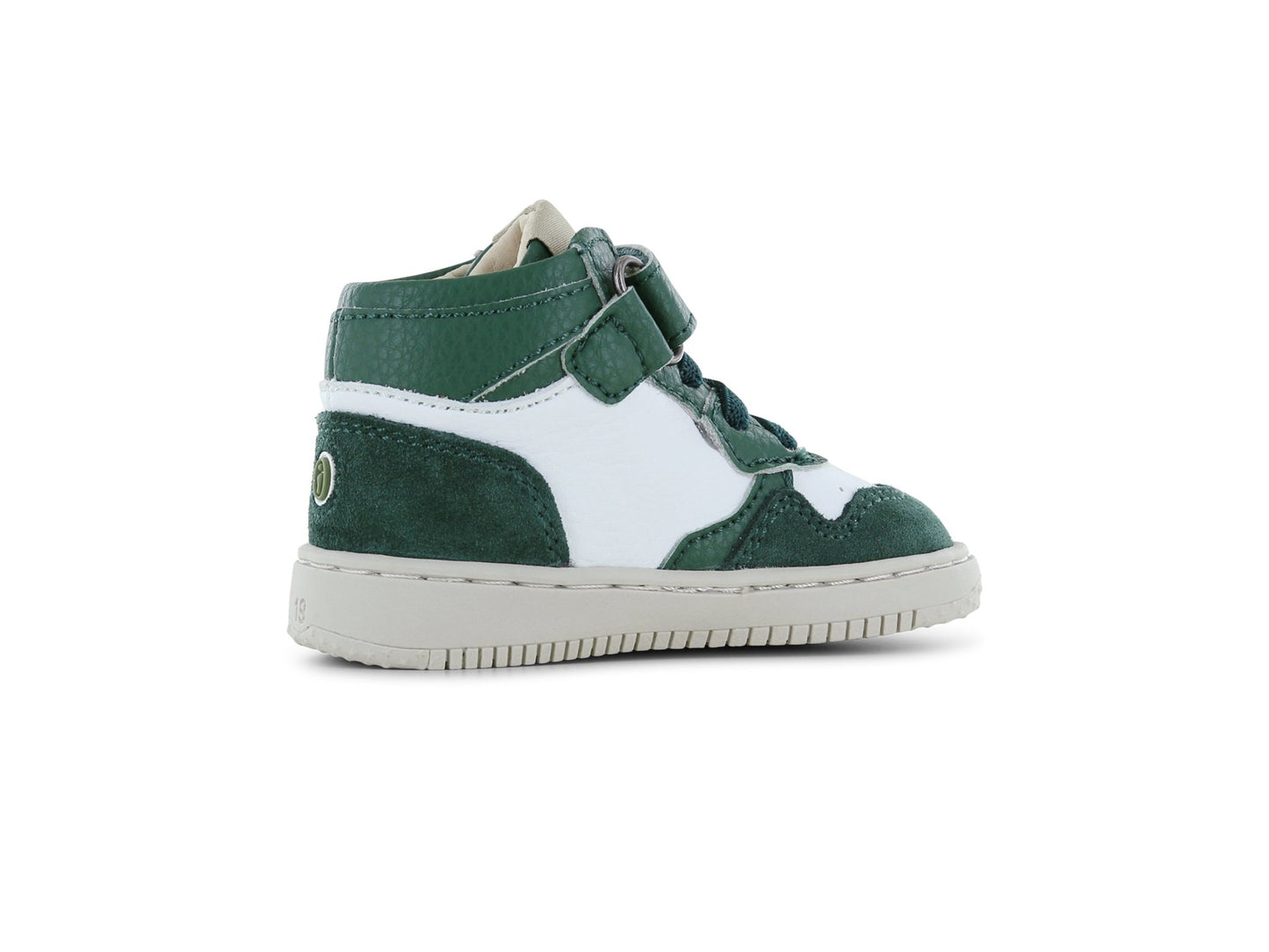 Green and white high-top sneaker on a white background