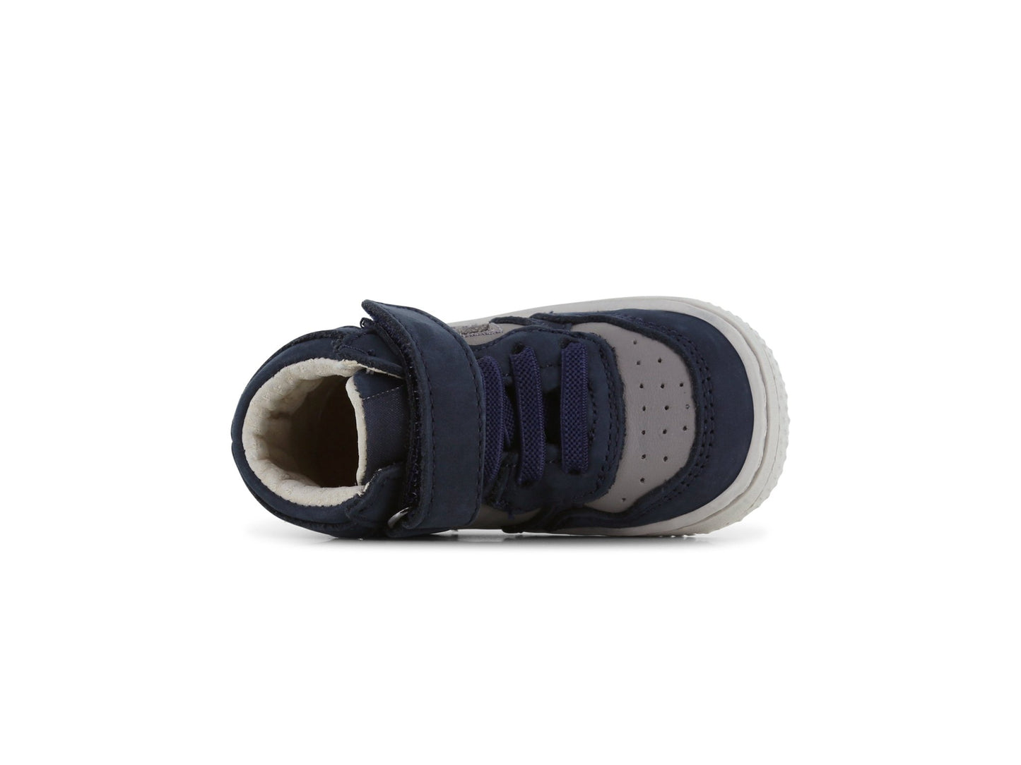 Navy and gray children's shoe on a white background