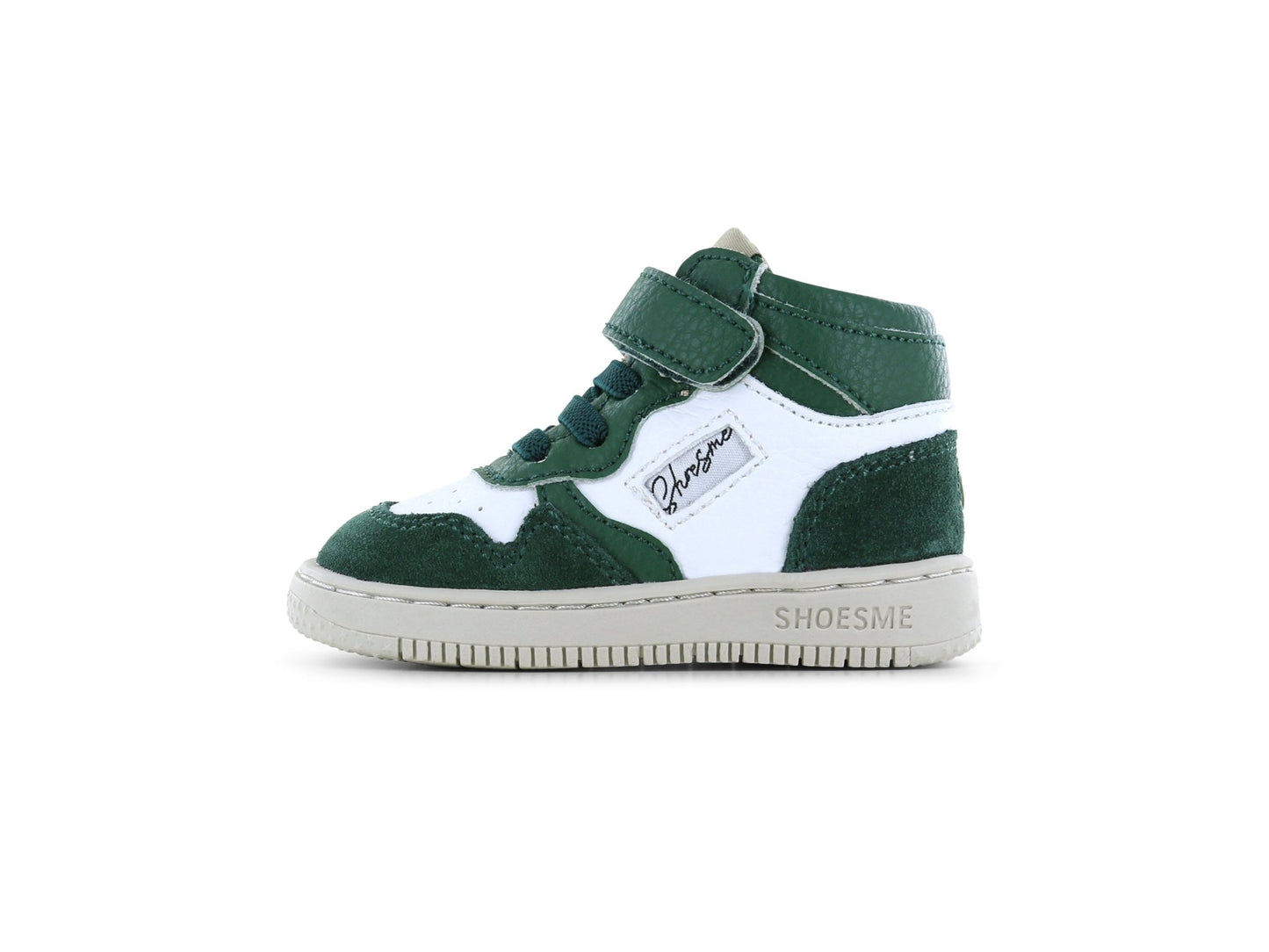 Green and white high-top sneaker with 'SHOESME' branding on a white background