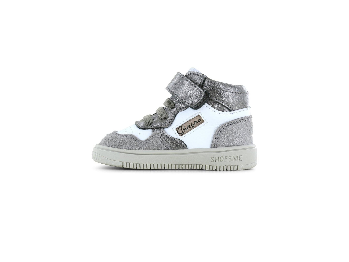 Children's gray and white sneaker with a bow on a white background