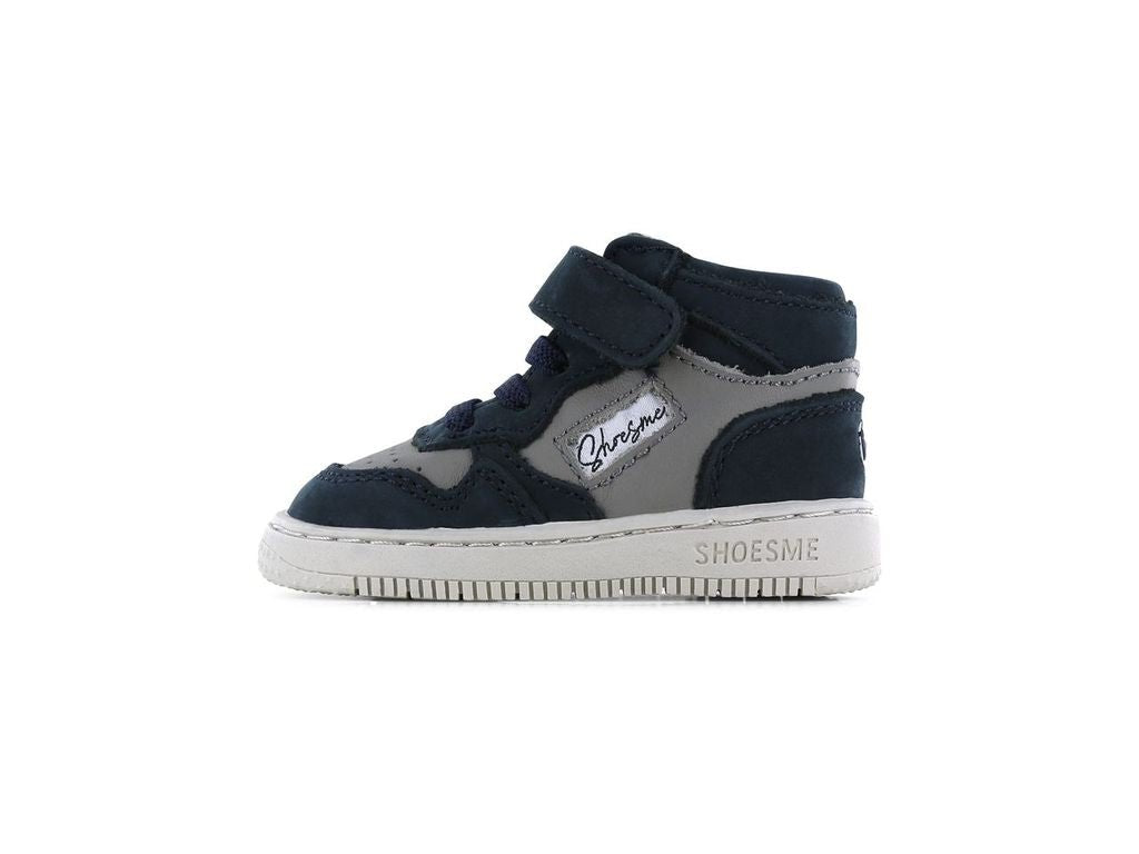 Navy and gray high-top sneaker with 'SHOESME' branding on a white background
