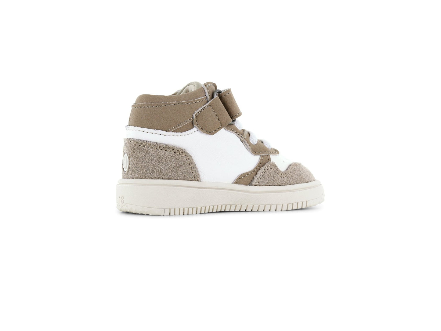 Taupe Shoesme toddler sneaker with flexible sole and Velcro strap and elasticated laces.
