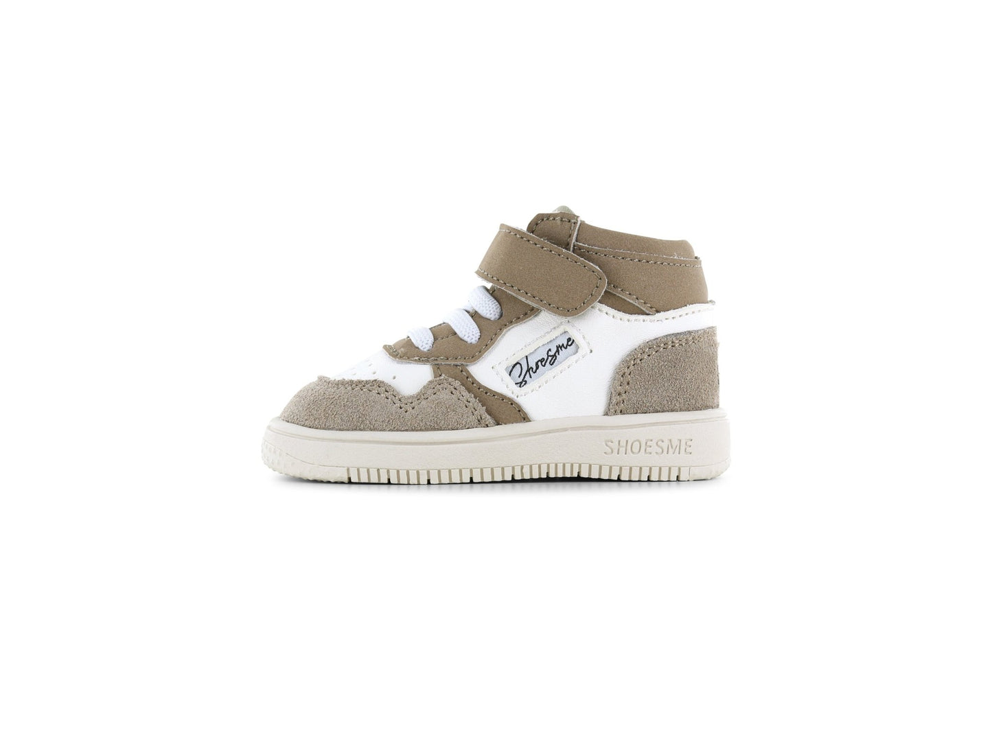 Taupe Shoesme toddler sneaker with flexible sole and Velcro strap and elasticated laces.


