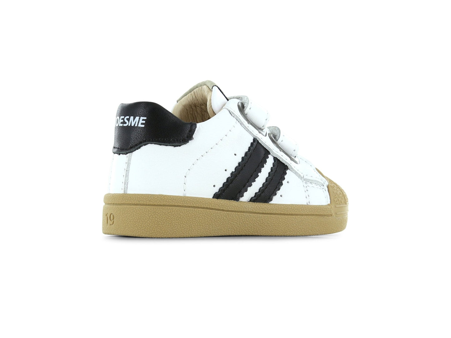 Black‑white Shoesme first‑walker sneaker with bump toe and Velcro strap

