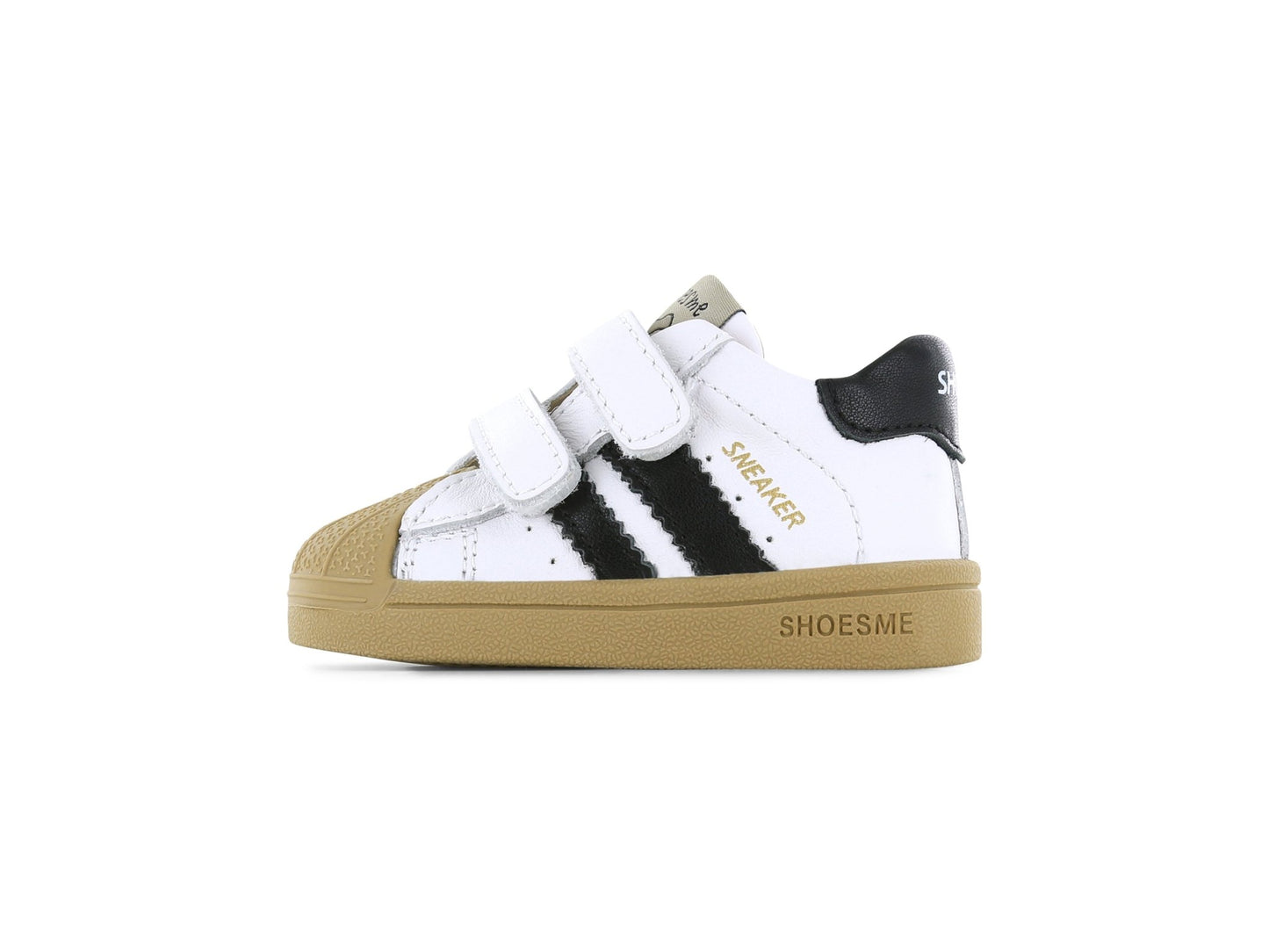 Black‑white Shoesme first‑walker sneaker with bump toe and Velcro strap

