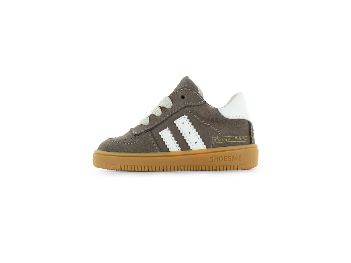 Taupe Shoesme ExtremeFlex® sneaker with suede upper and white detailing, shown from the side.