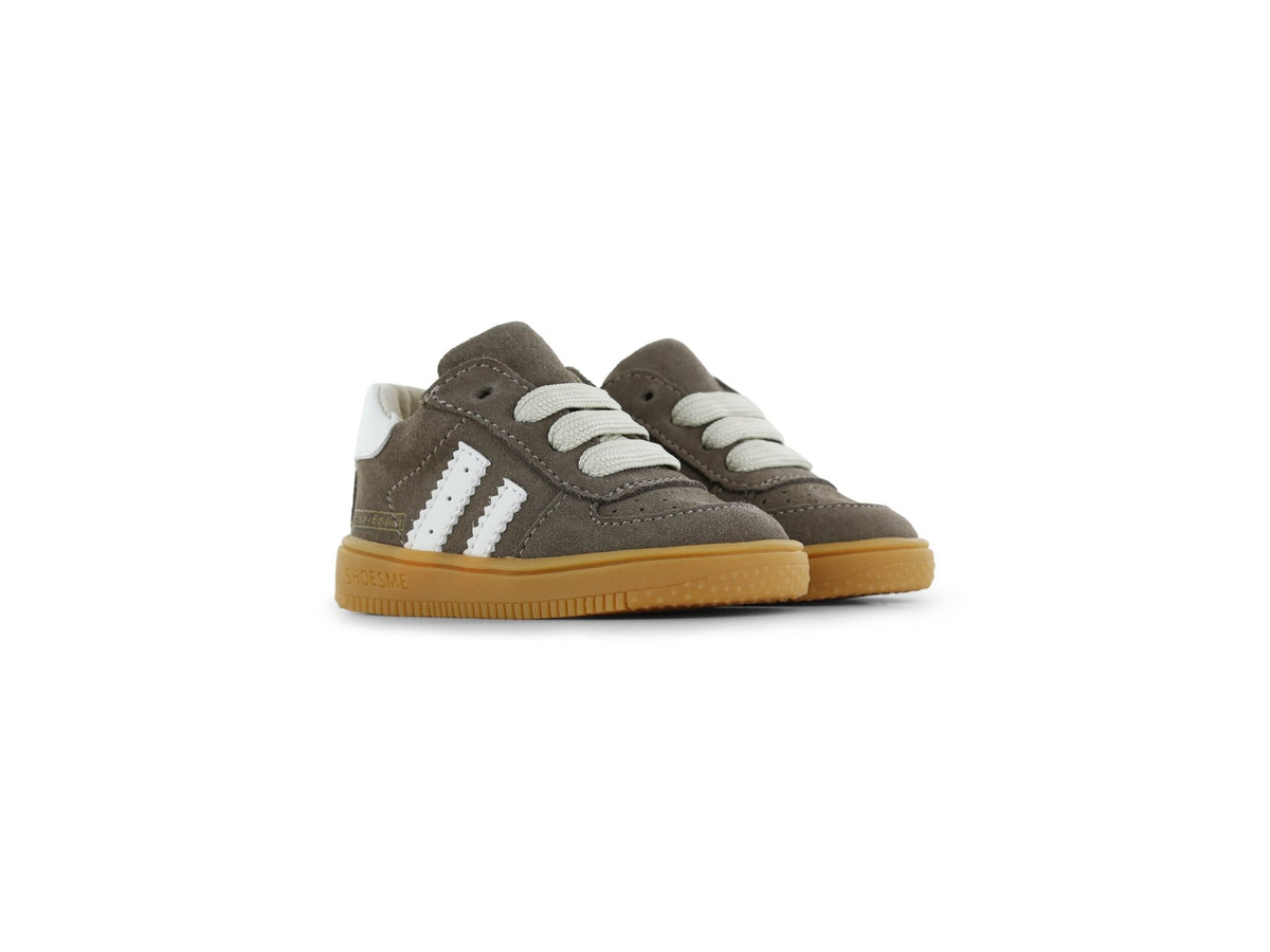 Taupe Shoesme ExtremeFlex® sneaker with suede upper and white detailing, shown from the side.