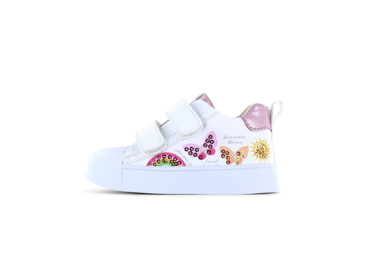 White Shoesme girl’s sneaker with butterflies, rainbows and metallic pink details

