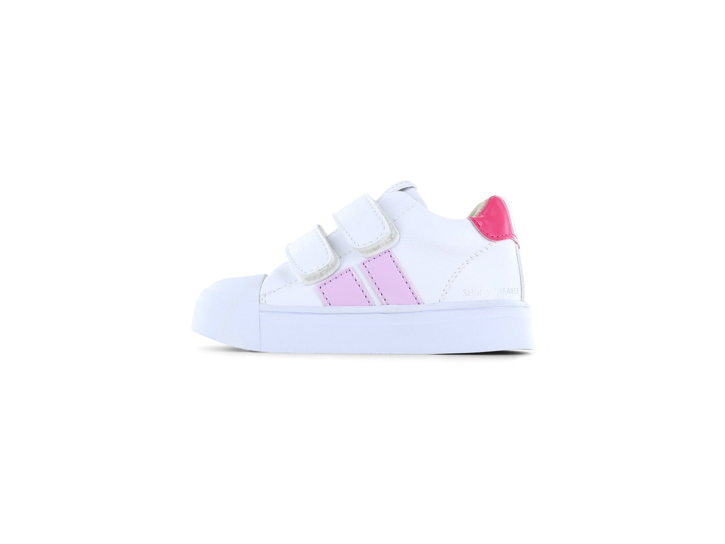 White Shoesme girl’s sneaker with pink stripings and Velcro strap
