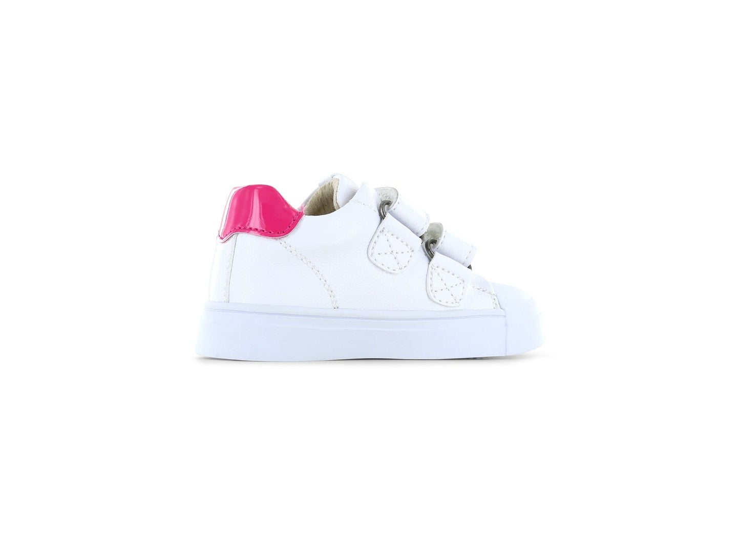 White Shoesme girl’s sneaker with pink stripings and Velcro strap

