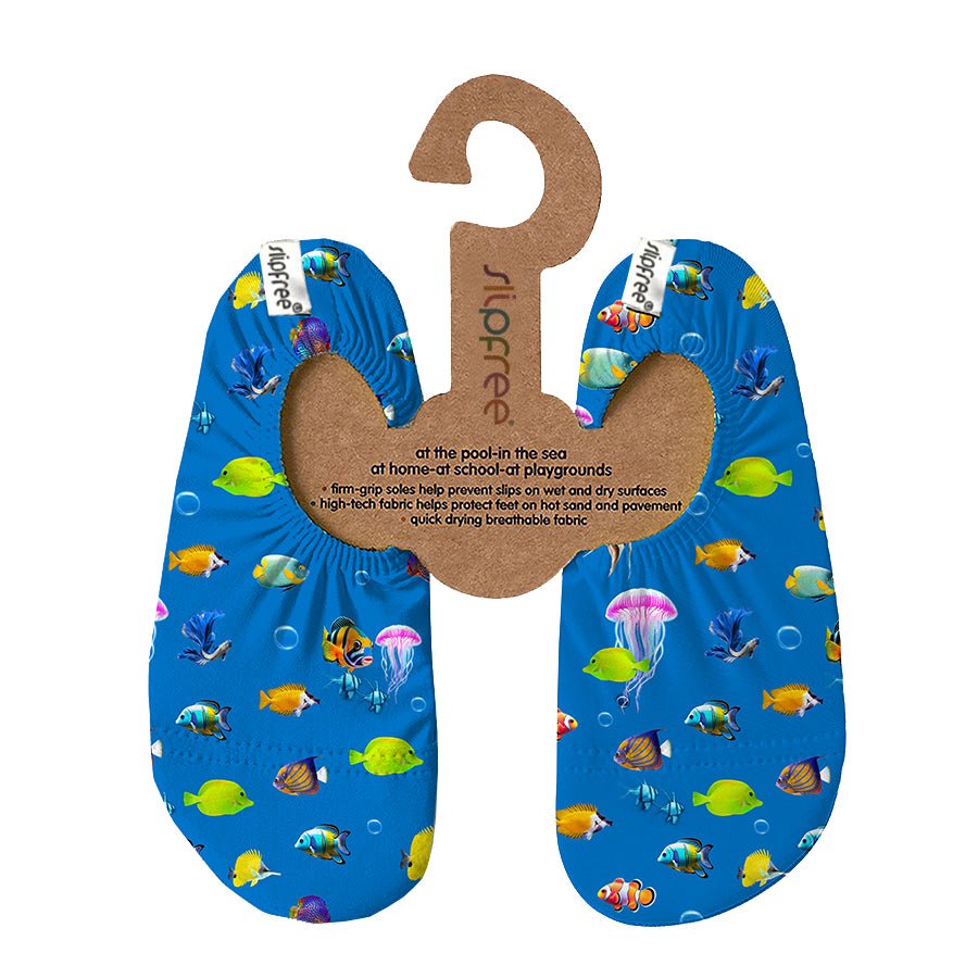 Slipfree Nemo non‑slip swim shoes in bright ocean‑blue fish design - Little Bigheads