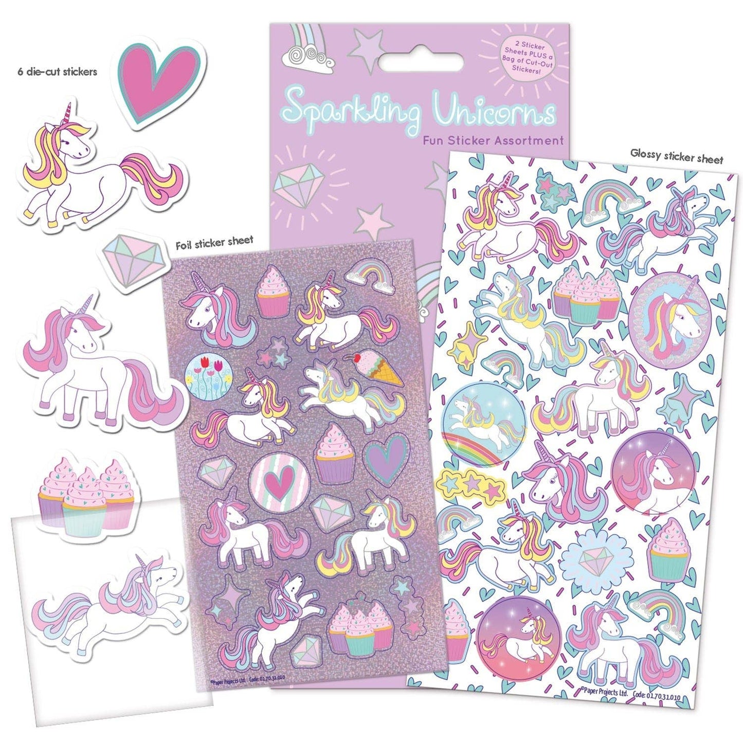 Packaging of 'Sparkling Unicorns' sticker set with colorful stickers on a white background.
