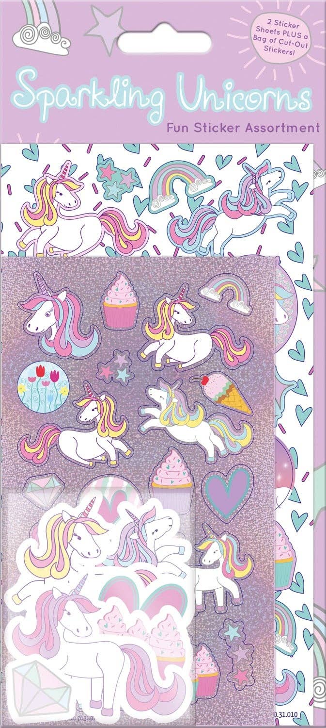 Packaging of Sparkling Unicorns stickers with colorful unicorn designs on a purple background.