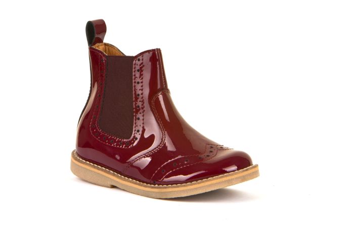 Froddo stockist - froddo chelsea boot in red bordeaux patent with inside leg zip fastening